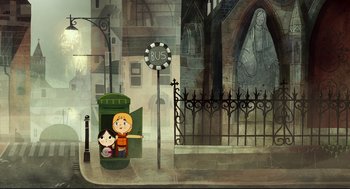 Movie still from “Song of the Sea” (2014), directed by Tomm Moore – Two children are sitting in a trash can; Extreme Wide shot, High angle