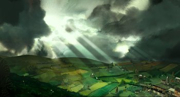 Movie still from “Song of the Sea” (2014), directed by Tomm Moore – A painting of a green field and a cloudy sky with rays of light shining through the clouds; Extreme Wide shot, Low angle