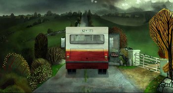 Movie still from “Song of the Sea” (2014), directed by Tomm Moore – A painting of a red and white bus driving down a road; Extreme Wide shot, High angle
