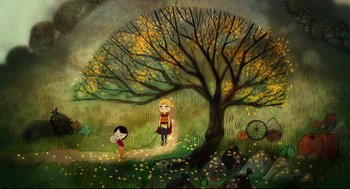 Movie still from “Song of the Sea” (2014), directed by Tomm Moore – A painting of a girl and a boy under a tree; Extreme Wide shot, Overhead angle