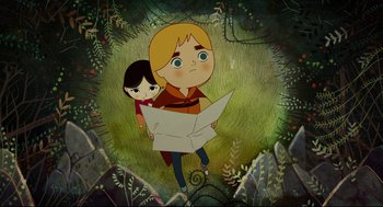 Movie still from “Song of the Sea” (2014), directed by Tomm Moore – A boy and a girl are standing in a forest; Medium shot, Overhead angle