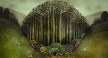 Movie still from “Song of the Sea” (2014), directed by Tomm Moore – A painting of a forest with trees in the background; Extreme Wide shot, Overhead angle