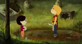 Movie still from “Song of the Sea” (2014), directed by Tomm Moore – A boy and a girl are standing in the grass; Wide shot, High angle