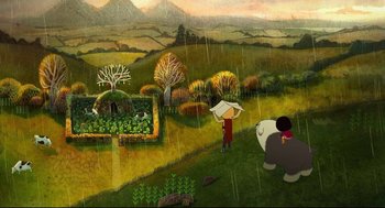 Movie still from “Song of the Sea” (2014), directed by Tomm Moore – An illustration of two people standing in the rain; Extreme Wide shot, Overhead angle