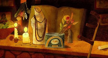 Movie still from “Song of the Sea” (2014), directed by Tomm Moore – An open book with a vase and a box on it; Extreme Close Up shot, Overhead angle