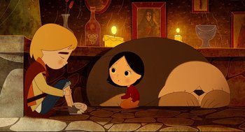 Movie still from “Song of the Sea” (2014), directed by Tomm Moore – A girl sitting on the ground in front of another girl; Wide shot, High angle