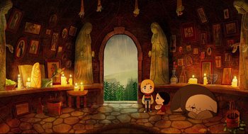 Movie still from “Song of the Sea” (2014), directed by Tomm Moore – A group of people sitting in front of an archway; Wide shot, High angle