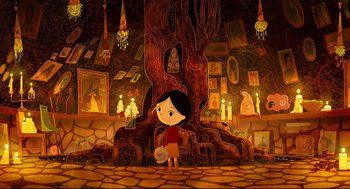Movie still from “Song of the Sea” (2014), directed by Tomm Moore – An animated picture of a girl in a room with a tree; Extreme Wide shot, Overhead angle
