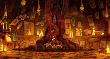 Movie still from “Song of the Sea” (2014), directed by Tomm Moore – An artistic painting of a room with a large tree; Extreme Wide shot, Overhead angle