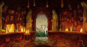 Movie still from “Song of the Sea” (2014), directed by Tomm Moore – An illustration of a cow in a room with candles; Extreme Wide shot, Overhead angle