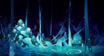 Movie still from “Song of the Sea” (2014), directed by Tomm Moore – A scene of water and rocks in a dark place; Extreme Wide shot, High angle