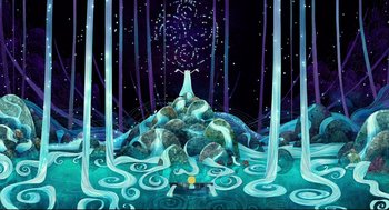 Movie still from “Song of the Sea” (2014), directed by Tomm Moore – An illustration of a forest with rocks and trees in the background; Extreme Wide shot, Overhead angle