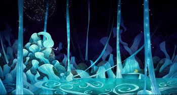 Movie still from “Song of the Sea” (2014), directed by Tomm Moore – A painting of a forest with trees and water; Extreme Wide shot, High angle