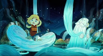 Movie still from “Song of the Sea” (2014), directed by Tomm Moore – A cartoon of a girl looking at a waterfall in the night; Wide shot, Overhead angle