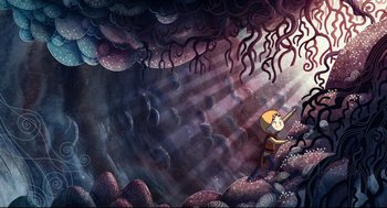 Movie still from “Song of the Sea” (2014), directed by Tomm Moore – An illustration of a boy in a cave with tentacles coming out of the cave; Extreme Wide shot, Overhead angle
