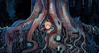 Movie still from “Song of the Sea” (2014), directed by Tomm Moore – A painting of a child in a tree; Wide shot, Overhead angle