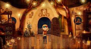 Movie still from “Song of the Sea” (2014), directed by Tomm Moore – A boy standing in front of a room with lights; Extreme Wide shot, High angle