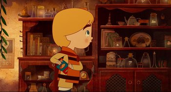 Movie still from “Song of the Sea” (2014), directed by Tomm Moore – A cartoon of a boy with a book in his mouth; Medium shot, Over the shoulder angle
