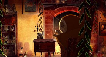 Movie still from “Song of the Sea” (2014), directed by Tomm Moore – An artistic rendering of a room with a fireplace and plants; Wide shot, Over the shoulder angle