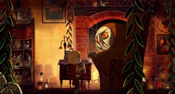 Movie still from “Song of the Sea” (2014), directed by Tomm Moore – An illustration of a child looking into a fireplace; Wide shot, Over the shoulder angle
