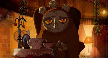 Movie still from “Song of the Sea” (2014), directed by Tomm Moore – An animated character is sitting in front of a tea set; Medium shot, Low angle