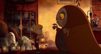 Movie still from “Song of the Sea” (2014), directed by Tomm Moore – A boy and an evil looking creature in a room; Wide shot, Over the shoulder angle