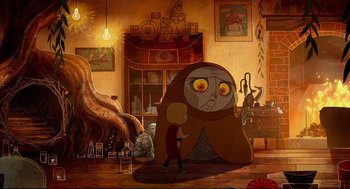 Movie still from “Song of the Sea” (2014), directed by Tomm Moore – An image of an animated character in a living room setting; Wide shot, Over the shoulder angle