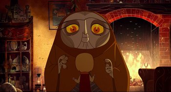 Movie still from “Song of the Sea” (2014), directed by Tomm Moore – An image of an animated character with a big face; Close Up shot, Over the shoulder angle
