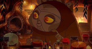 Movie still from “Song of the Sea” (2014), directed by Tomm Moore – An image of an animated cat in a room; Close Up shot, Over the shoulder angle