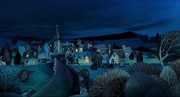 Movie still from “Song of the Sea” (2014), directed by Tomm Moore – An illustration of a town at night with a sky background; Extreme Wide shot, Low angle