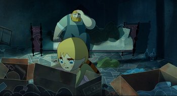 Movie still from “Song of the Sea” (2014), directed by Tomm Moore – A boy and a girl are in a room with boxes; Wide shot, Over the shoulder angle