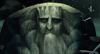 Movie still from “Song of the Sea” (2014), directed by Tomm Moore – An illustration of an old man with long hair and a beard; Close Up shot, Overhead angle