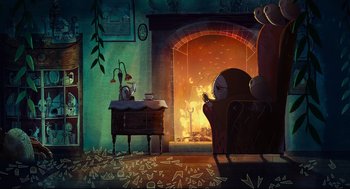 Movie still from “Song of the Sea” (2014), directed by Tomm Moore – An illustration of a living room with a fire place; Wide shot, High angle