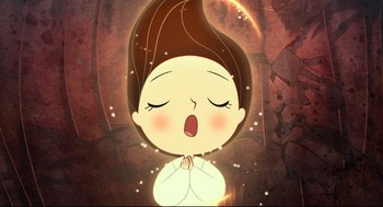 Movie still from “Song of the Sea” (2014), directed by Tomm Moore – An illustration of a woman with her eyes closed; Close Up shot, High angle
