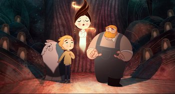 Movie still from “Song of the Sea” (2014), directed by Tomm Moore – A group of people standing in front of a tree; Wide shot, Over the shoulder angle