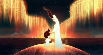 Movie still from “Song of the Sea” (2014), directed by Tomm Moore – An animated scene of a woman and a child; Wide shot, Low angle