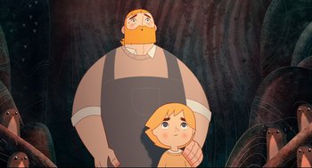 Movie still from “Song of the Sea” (2014), directed by Tomm Moore – A man and a boy standing next to each other in front of trees; Medium shot, Low angle