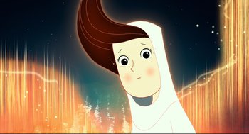 Movie still from “Song of the Sea” (2014), directed by Tomm Moore – An animated woman with long brown hair and a white head scarf; Close Up shot, Low angle