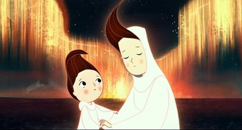 Movie still from “Song of the Sea” (2014), directed by Tomm Moore – An illustration of a woman holding a child; Medium shot, Low angle