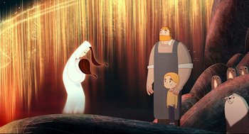 Movie still from “Song of the Sea” (2014), directed by Tomm Moore – A scene with a man and a woman and a child; Wide shot, Over the shoulder angle