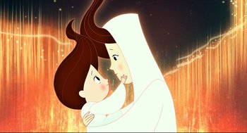 Movie still from “Song of the Sea” (2014), directed by Tomm Moore – An illustration of a woman hugging a child; Close Up shot, Over the shoulder angle