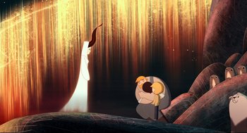 Movie still from “Song of the Sea” (2014), directed by Tomm Moore – A scene from the animated film the flintstones; Wide shot, Over the shoulder angle