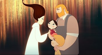 Movie still from “Song of the Sea” (2014), directed by Tomm Moore – An animated scene of a woman holding a baby and a man holding a child; Medium shot, Over the shoulder angle
