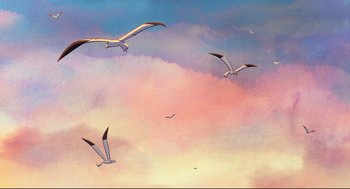 Movie still from “Song of the Sea” (2014), directed by Tomm Moore – A flock of birds flying through a cloudy sky at sunset; Extreme Wide shot, Low angle