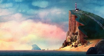 Movie still from “Song of the Sea” (2014), directed by Tomm Moore – A painting of a lighthouse on top of a cliff; Extreme Wide shot, High angle