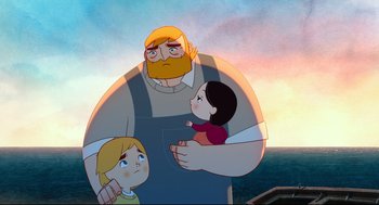 Movie still from “Song of the Sea” (2014), directed by Tomm Moore – An animated picture of a man and two children; Medium shot, Low angle