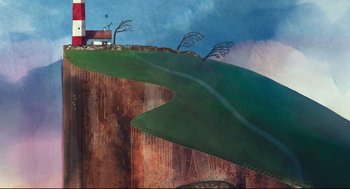 Movie still from “Song of the Sea” (2014), directed by Tomm Moore – A painting of a house on a cliff; Extreme Wide shot, High angle