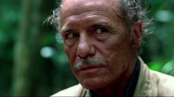 Movie still from “Sorcerer” (1977), directed by William Friedkin – An old man with a mustache and a beard looking at the camera; Close Up shot, Low angle
