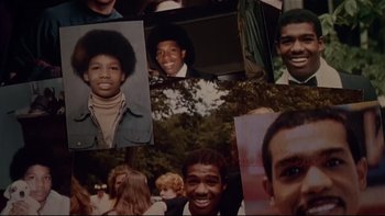 Movie still from “Soul Food” (1997), directed by George Tillman Jr. – A bunch of pictures of young men and young women; Extreme Close Up shot, Low angle