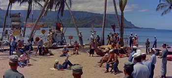 Movie still from “South Pacific” (1958), directed by Joshua Logan – A group of people sitting on a beach near the ocean; Extreme Wide shot, High angle